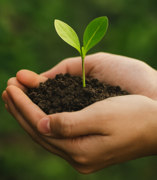 Mãos segurando um pouco de terra com uma muda verde, simbolizando sustentabilidade e segurança ambiental.